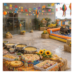 Grande estrutura de festa junina com buffet de lanches, pipoca e algodão doce, além de mesas de doces típicos e o touro mecânico no Morumbi, SP.