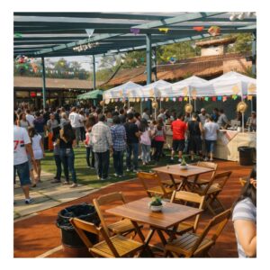 Barraquinhas de comidas típicas em evento noturno de festa junina decorado em Alphaville.