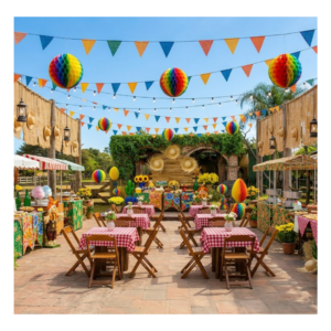 Cenário completo de Arraiá Gourmet com barraquinhas para Festa Junina, mesas decoradas e varal de bandeirinhas coloridas ao ar livre.