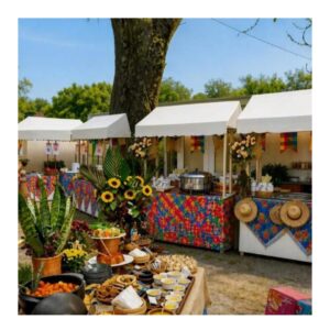 Buffet completo de festa junina com mesa de caldos, doces típicos e barraquinhas gourmet em evento corporativo na Vila Mariana, São Paulo